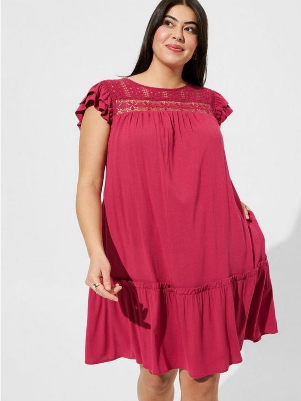 Torrid Mini Rayon Slub Crochet Yoke Shift Dress